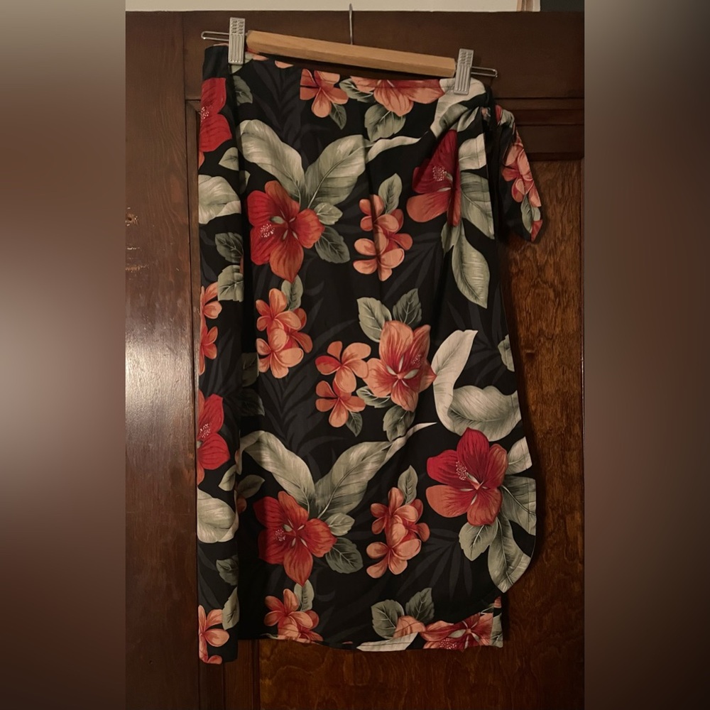 Tommy Bahama Black Floral Midi Skirt with Red & Orange Hibiscus